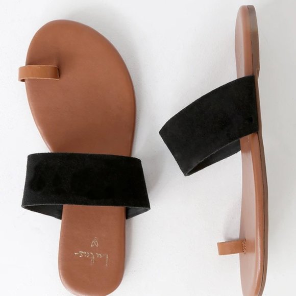 Lulus Tessa Cognac Nappa Black Suede Flat Sandals - Picture 2 of 4